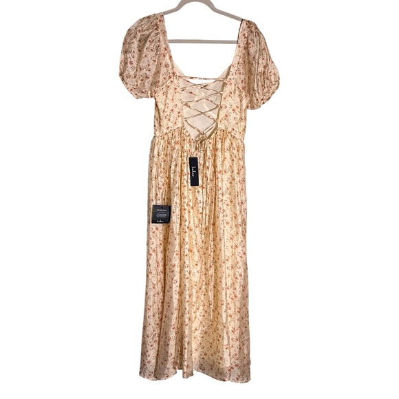 Lulus Floral Puff Sleeve Lace Up Back Midi Dress Womens M Ivory Cottagecore - Picture 3 of 16